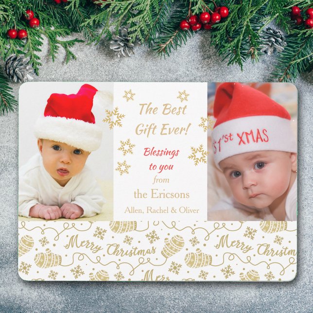 Retro Gold Mittens New Baby Photo Christmas Invitation (Creator Uploaded)