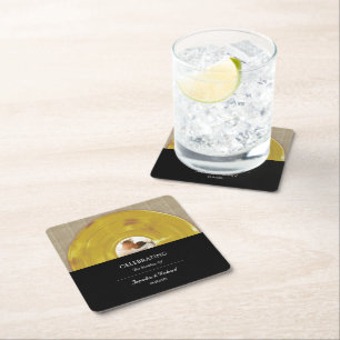 Retro Gold Music Vinyl Record Album Wedding Square Paper Coaster