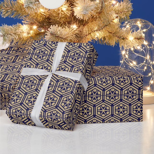 Retro gold navy hexagonal geometric pattern wrapping paper (Holidays)
