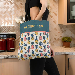 Retro Gold, Pink, and Teal Pineapples Monogram Tote Bag