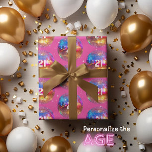 Retro Gold Pink Glitter Disco Ball Custom Birthday Wrapping Paper