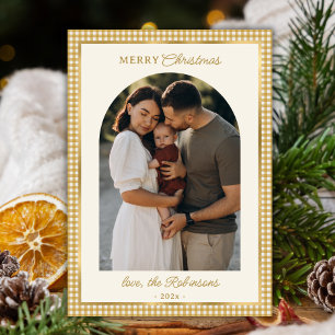 Retro Gold Plaid Arch Photo Merry Christmas  Holiday Card
