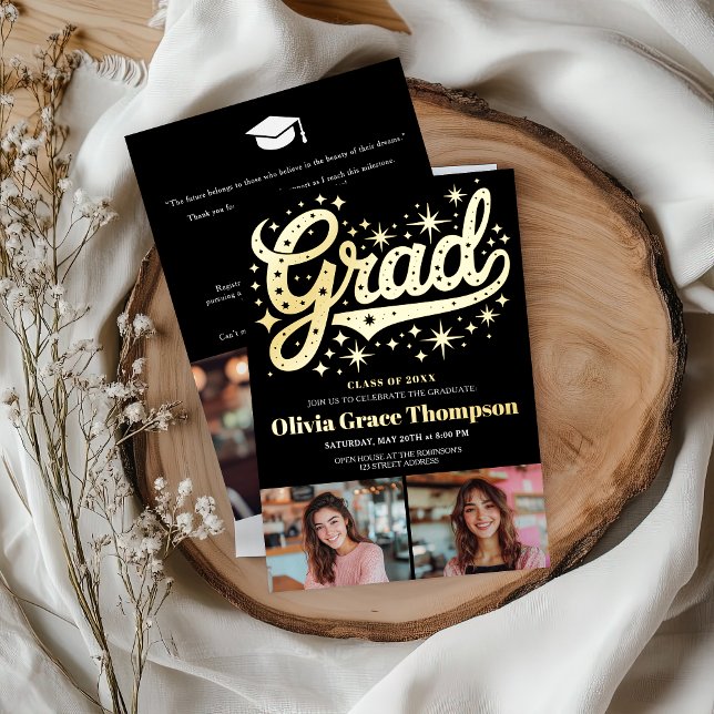 Retro Gold Script Stars 3-Photo Graduation Party  (Retro Gold Script Stars 3-Photo Graduation Party Foil Invitation)