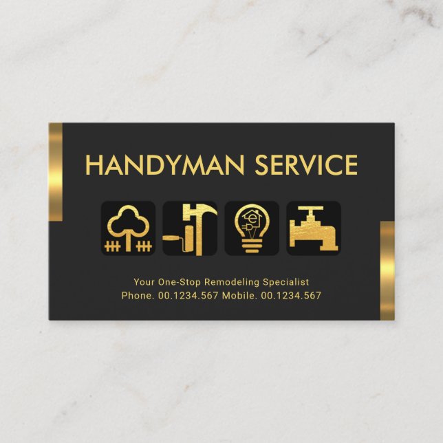 Retro Gold Tabs Handyman Tool Icons Business Card (Front)