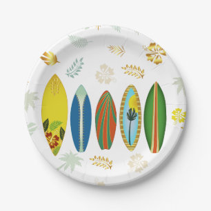 Retro Gold Tropical Coastal Surfboards  Paper Plate