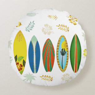Retro Gold Tropical Coastal Surfboards  Round Cushion