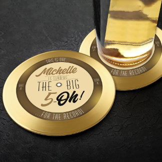 Retro Gold Vinyl Record 50th Birthday Party Round Paper Coaster