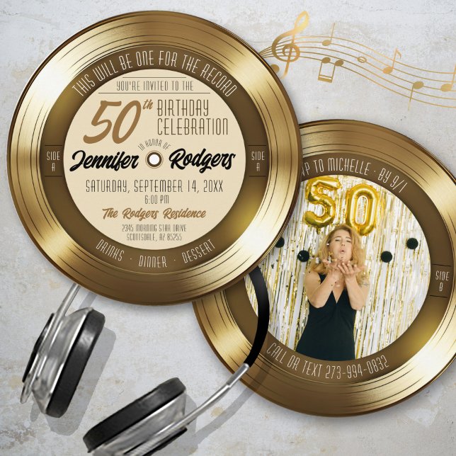 Retro Gold Vinyl Record Photo 50th Birthday Party Invitation (round circle shape retro gold vinyl record 50th birthday party photo invitation gold and black theme)