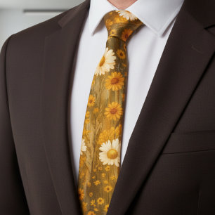Retro Golden Daisy Wildflowers - Rustic Fall Tie