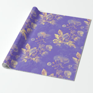 Retro Golden Flowers on Purple Wrapping Paper