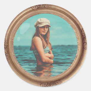 Retro Golden Stylish Portrait Photo display Classic Round Sticker