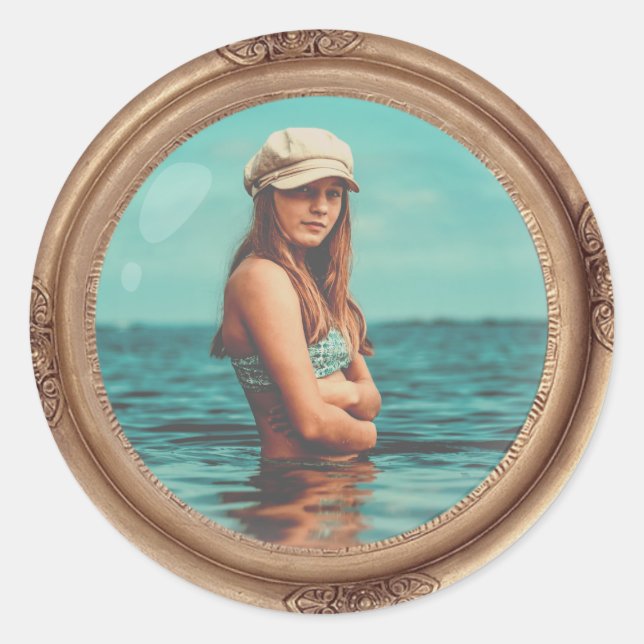 Retro Golden Stylish Portrait Photo display Classic Round Sticker (Front)