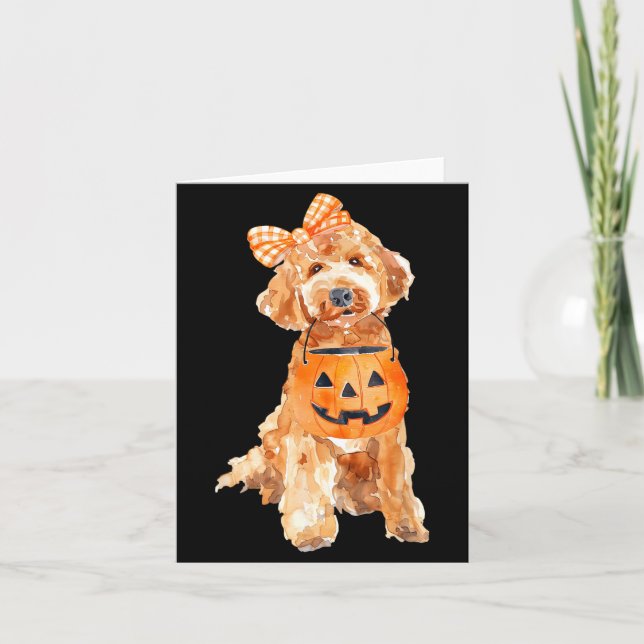 Retro Goldendoodle Pumpkin Jack O Lantern Card (Front)