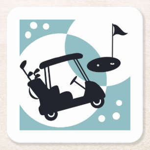 Retro golf cart in black & blue square paper coaster