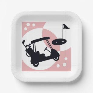 Retro golf cart in black & pink paper plate