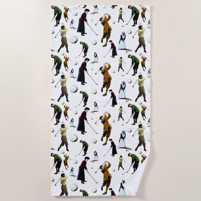 Retro Golfers Pattern Illustrations Beach Towel (Front)