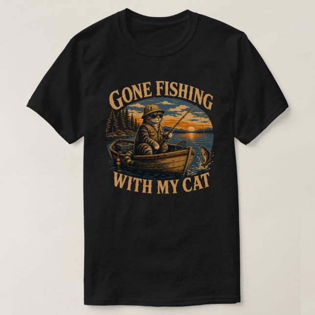 Retro Gone Fishing Cat Design T-Shirt (Design Front)