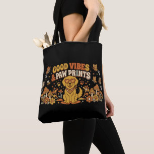Retro Good Vibes and Paw Prints Golden Retriever Tote Bag