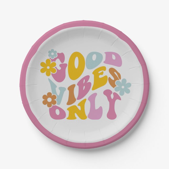Retro Good Vibes Only 60s Quote Pastel Paper Plate (Front)