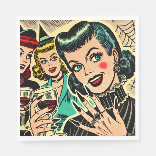 Retro Gothic Halloween Girls Comics Napkin (Front)
