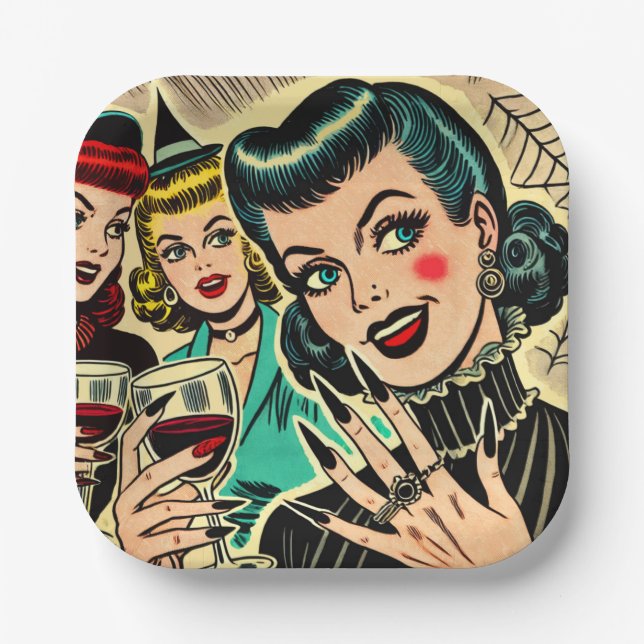 Retro Gothic Halloween Girls Comics Paper Plate (Front)
