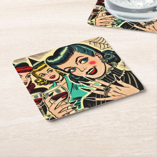Retro Gothic Halloween Girls Comics Square Paper Coaster (Angled)