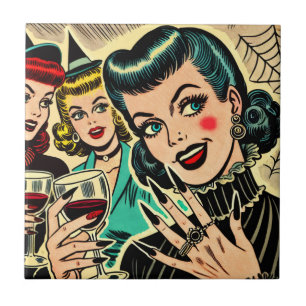 Retro Gothic Halloween Girls Comics Tile
