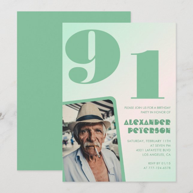 Retro Gradient for him Photo 91st birthday Invitation (Front/Back)