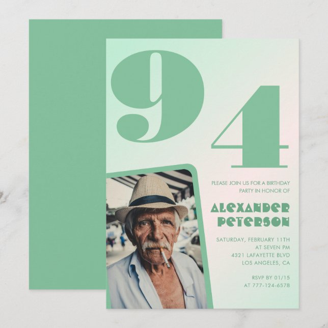 Retro Gradient for him Photo 94th birthday Invitation (Front/Back)