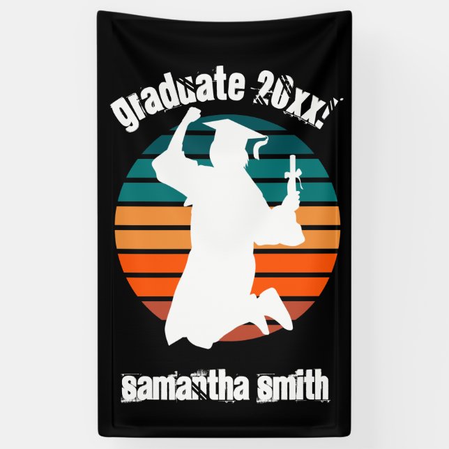 Retro Graduation Graduate Jumping for Joy Rainbow Banner (Vertical)