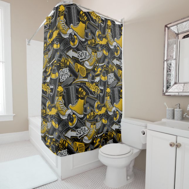 Retro Graffiti Urban Street Pattern Shower Curtain (In Situ)