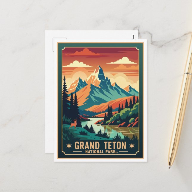 Retro Grand Teton Hike Sunset T-Shirt Holiday Postcard (Front/Back In Situ)