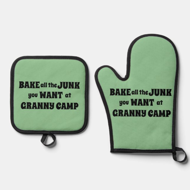 Retro Granny Camp Text Oven Mitt & Pot Holder Set (Front)