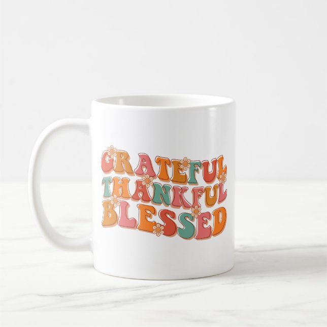 Retro Grateful Thankful Blessed Thanksgiving Coffee Mug (Left)
