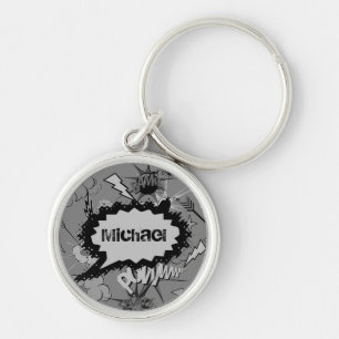 Retro Gray Comic Book Pattern Personalized Key Ring