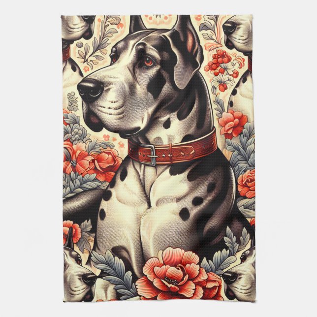 Retro Great Dane Illustration Tea Towel (Vertical)