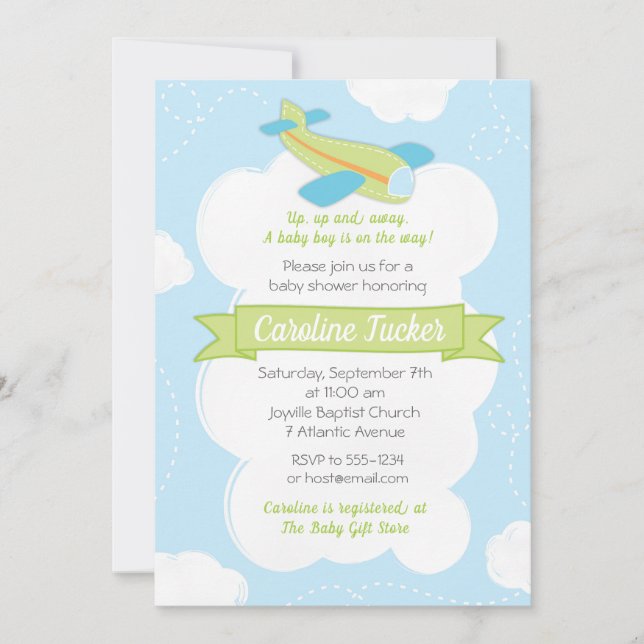 Retro Green Aeroplane Baby Shower Invitation (Front)