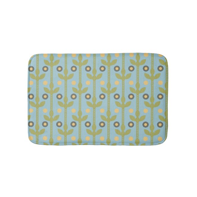 Retro Green and Blue Cute Folksy Floral Pattern Bath Mat (Front)