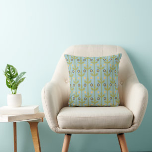 Retro Green and Blue Cute Folksy Floral Pattern Cushion