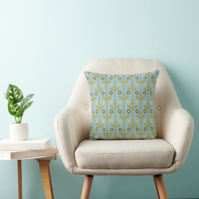Retro Green and Blue Cute Folksy Floral Pattern Cushion (Chair)