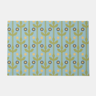 Retro Green and Blue Cute Folksy Floral Pattern Doormat