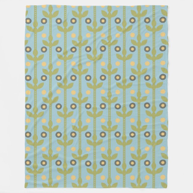 Retro Green and Blue Cute Folksy Floral Pattern Fleece Blanket (Front)