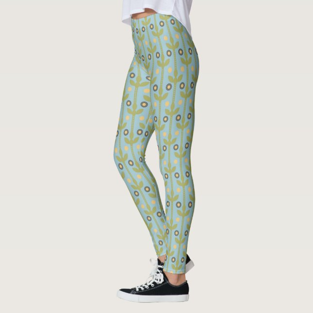 Retro Green and Blue Cute Folksy Floral Pattern Leggings (Left)