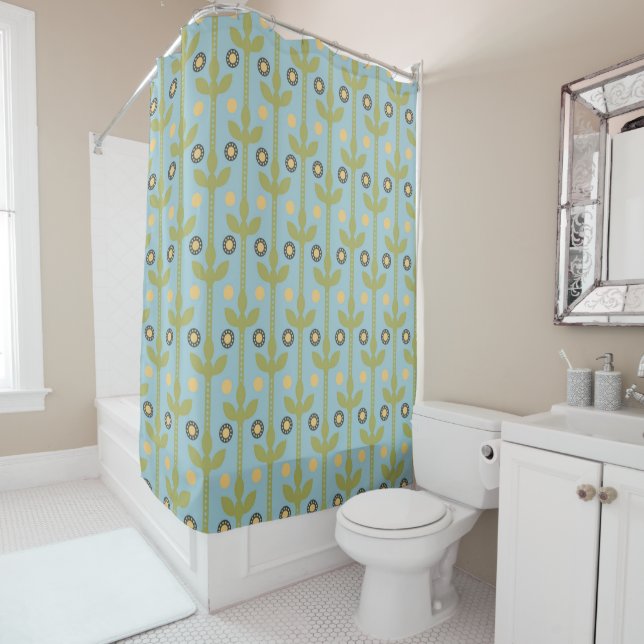 Retro Green and Blue Cute Folksy Floral Pattern Shower Curtain (In Situ)