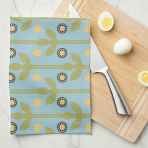 Retro Green and Blue Cute Folksy Floral Pattern Tea Towel