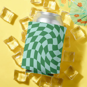 Retro Green And Blue Warped Chequered Chequerboard Can Cooler