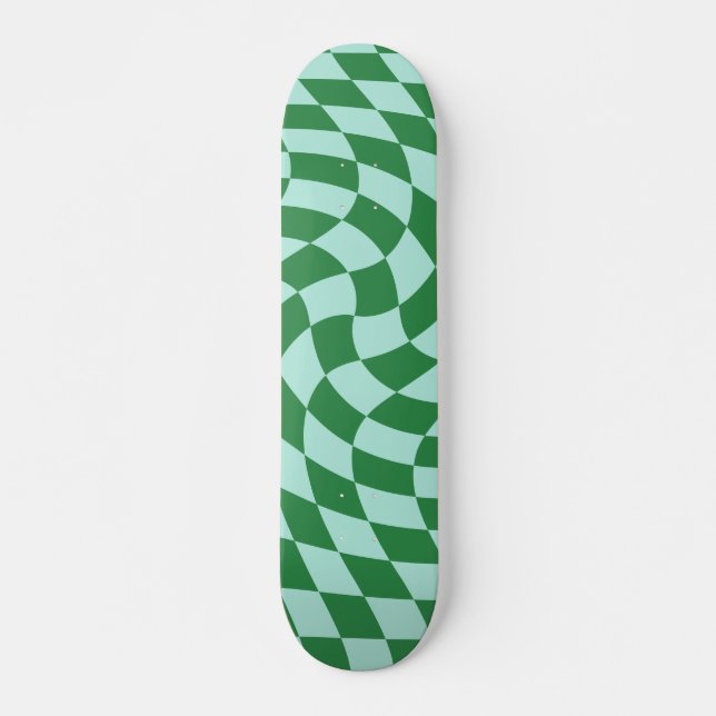 Retro Green And Blue Warped Chequered Chequerboard Skateboard (Front)