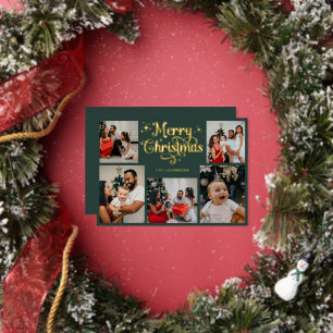 Retro Green and Gold Merry Christmas Family Photo Foil Holiday Card