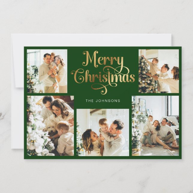 Retro Green and Gold Merry Christmas Family Photo Holiday Card (Front)