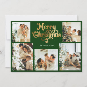 Retro Green and Gold Merry Christmas Family Photo Holiday Card
